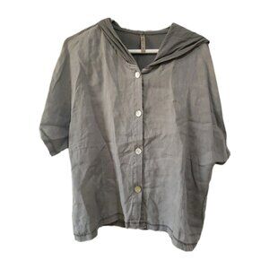 XCVI Top Belknap Linen Womens Gray Hooded Button Front Pockets Lightweight M